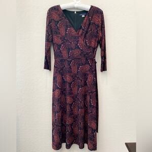 TOMMY HILFIGER | Burgundy Paisley Midi Dress 3/4 Sleeve Wrap Style | Size 6